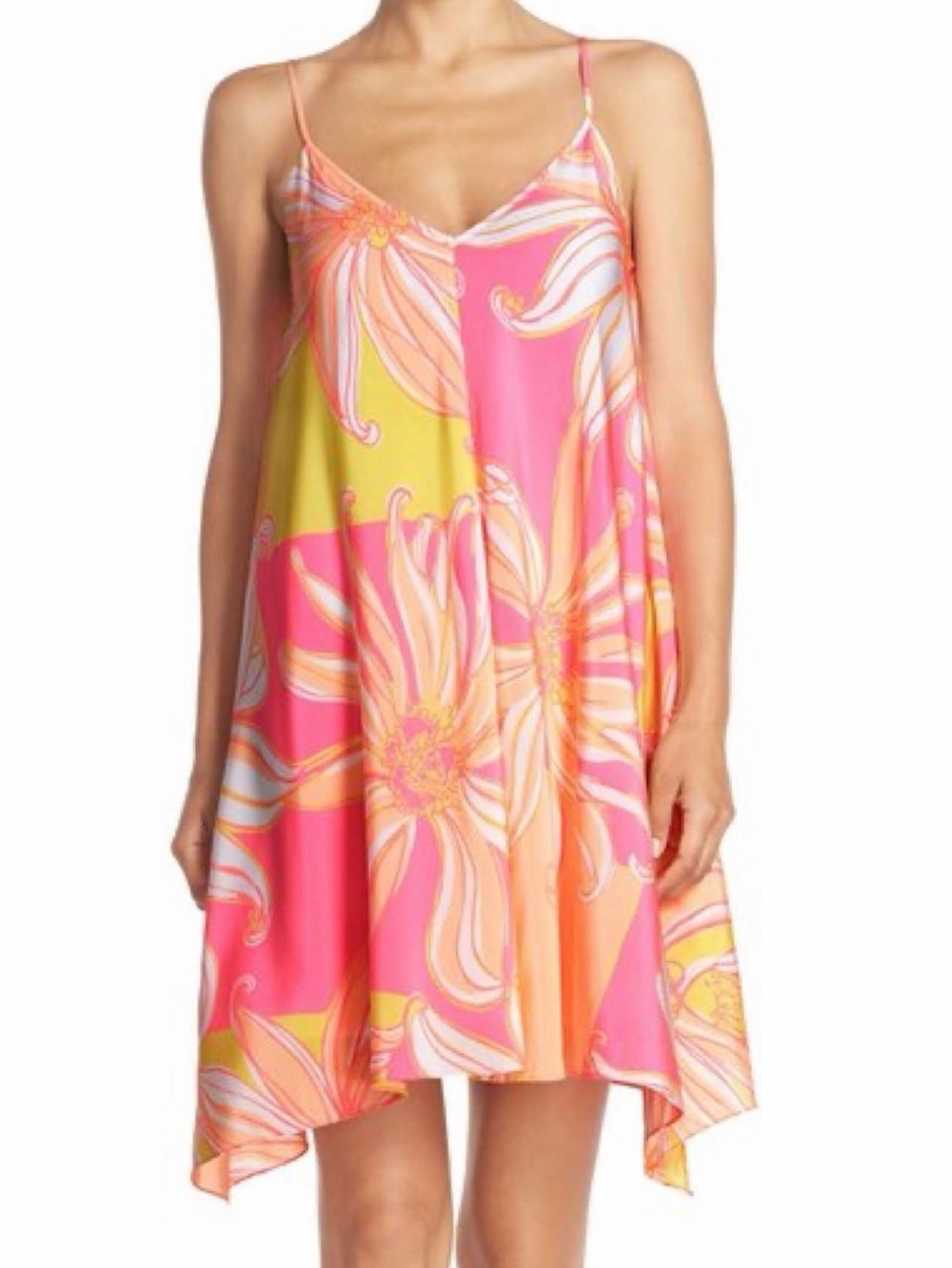Lilly Pulitzer Pink & Yellow Floral Handkerchief-Hem Swim Coverup